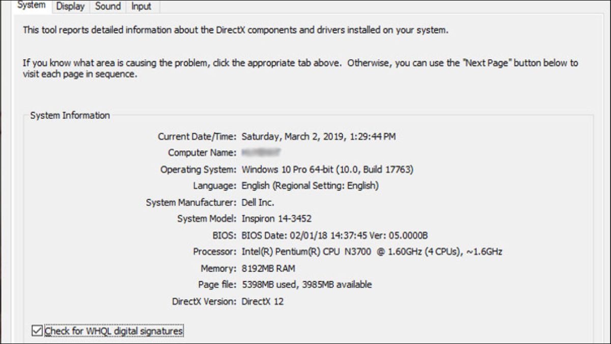 Xem thông tin cấu hình máy tính trên cửa sổ DirectX Diagnostic Tool.