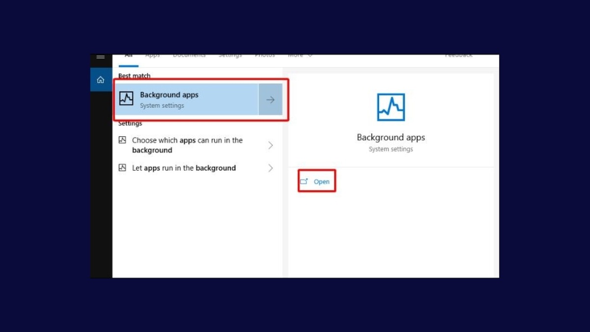 Nhập background apps vào ô tìm kiếm trên Windows Settings