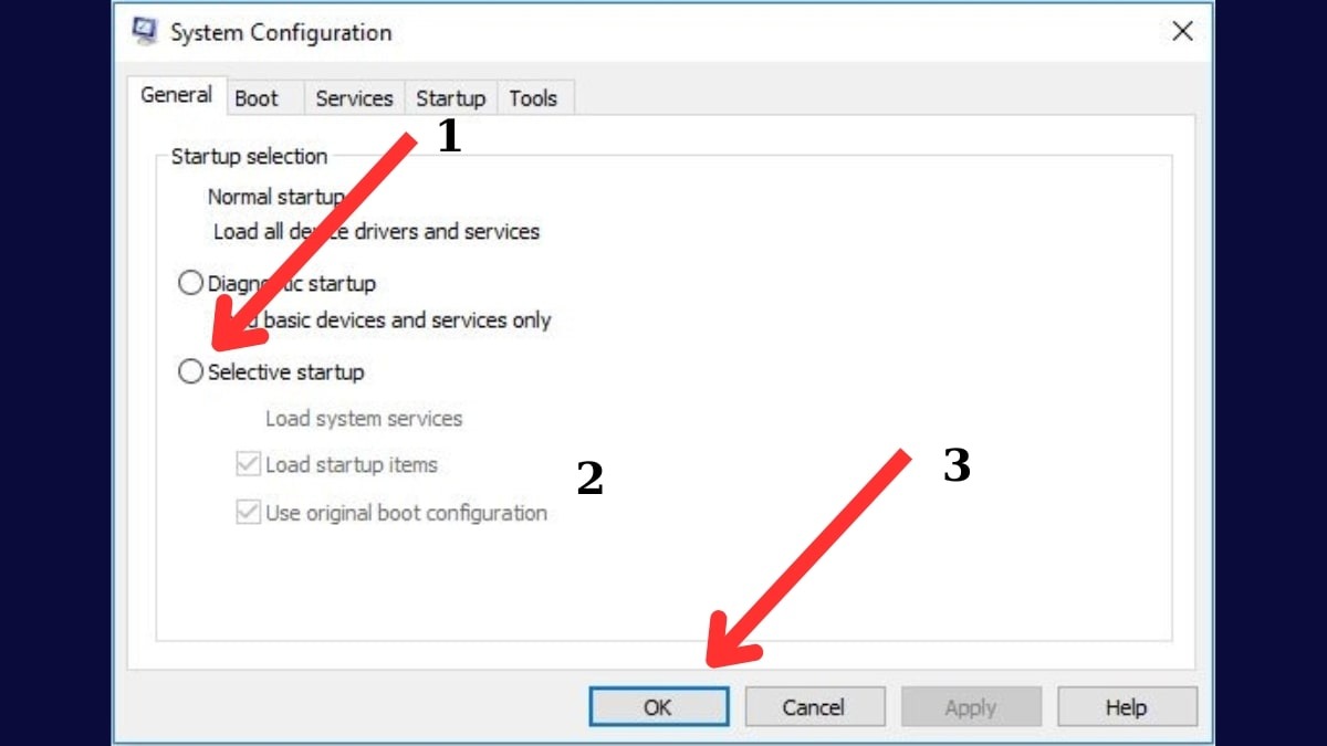 Chọn tab General và đánh dấu chọn vào ô Selective startup