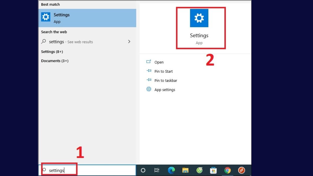 Nhấn vào nút Start trên thanh tác vụ nhập Settings