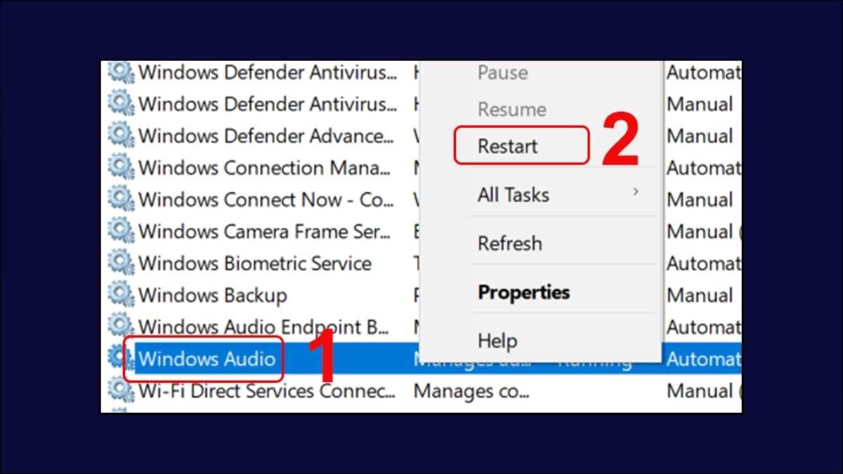 Tìm kiếm Windows Audio trong danh sách dịch vụ