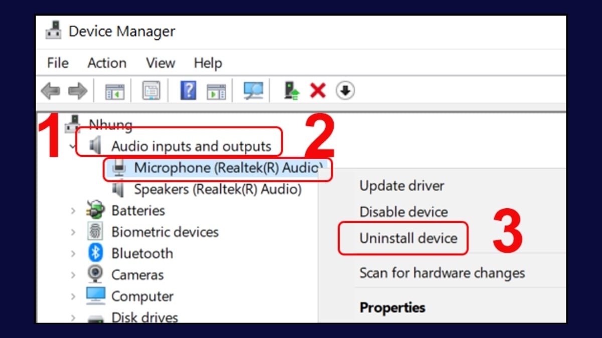 Nhấp chuột phải vào thiết bị microphone và chọn Uninstall device