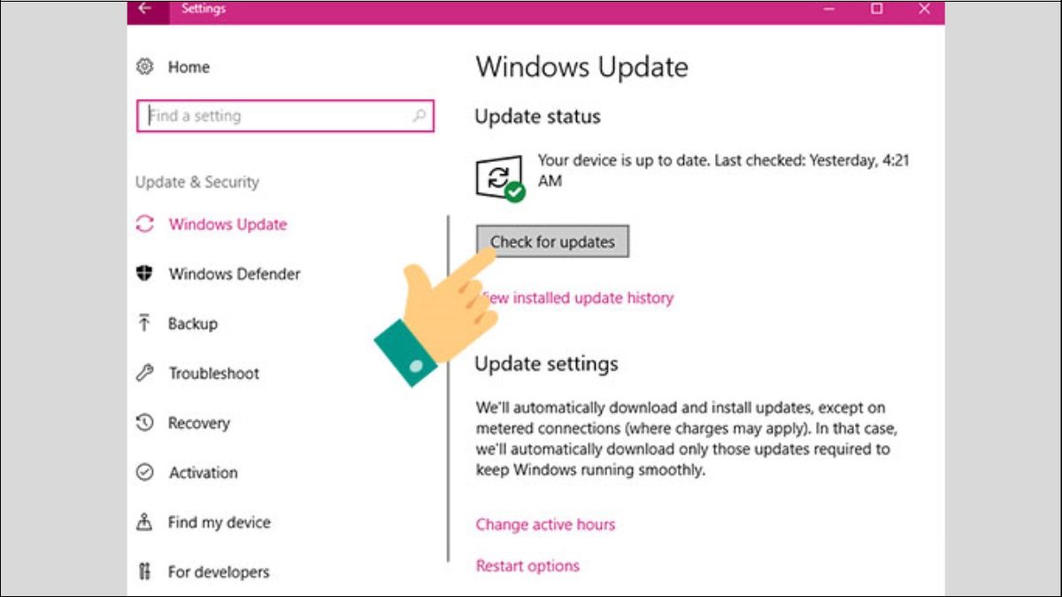 Trong mục Windows Update bạn click chọn Check for update.