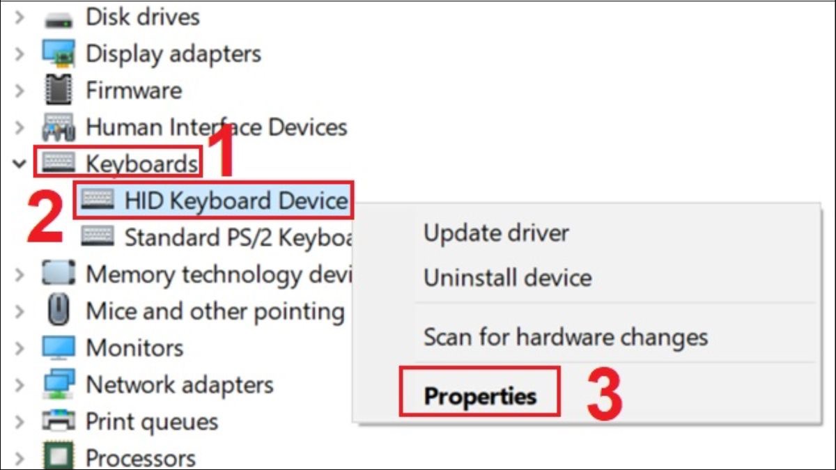 Mở Properties của bàn phím.