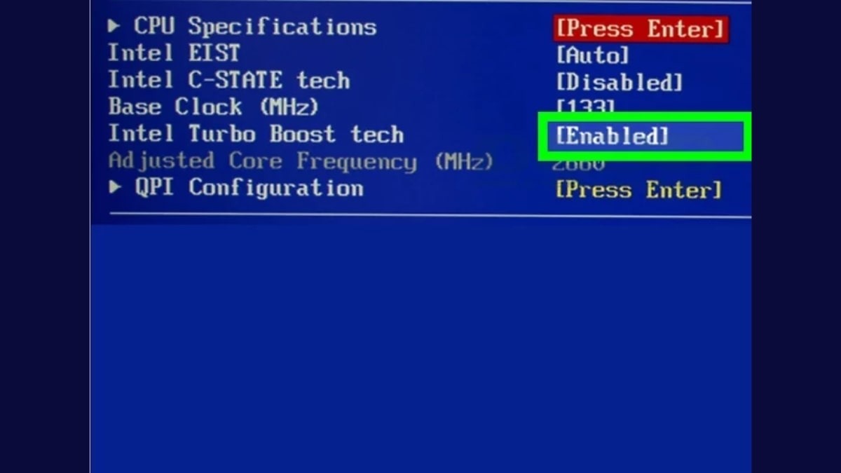 Đặt tùy chọn Intel Turbo Boost Technology thành Enabled