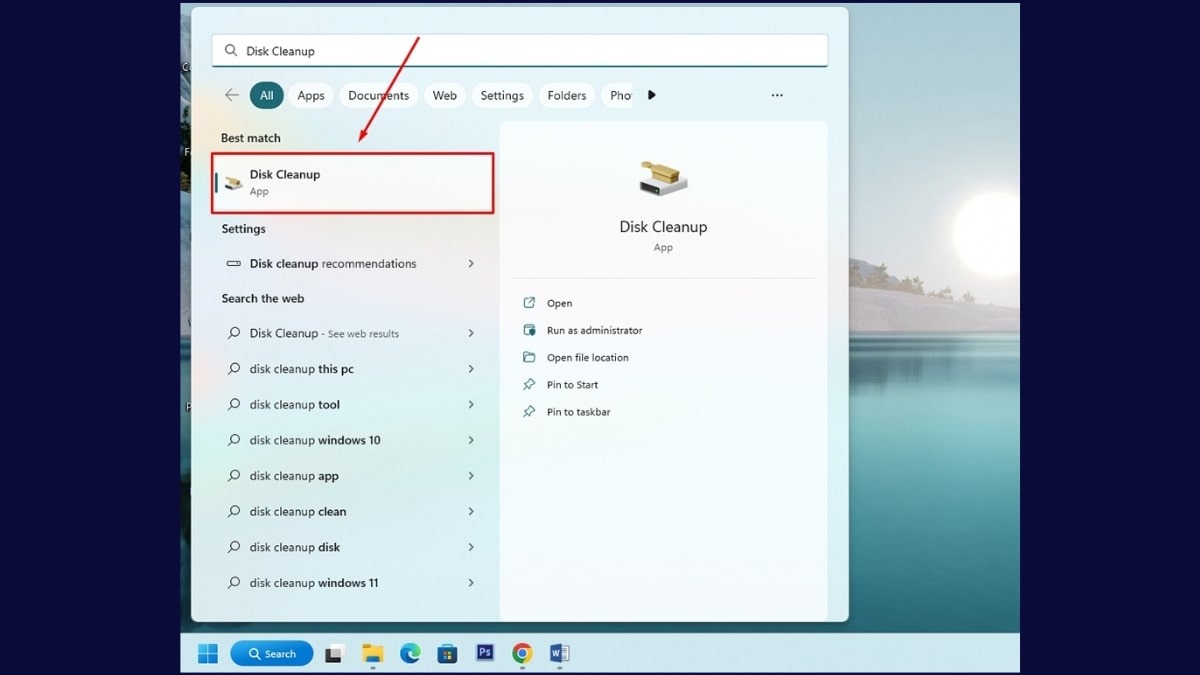 Chọn Disk Cleanup trong kết quả tìm kiếm