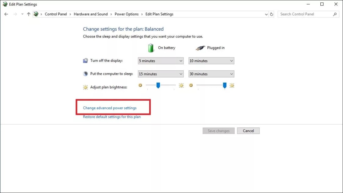 Chọn Change advanced power settings