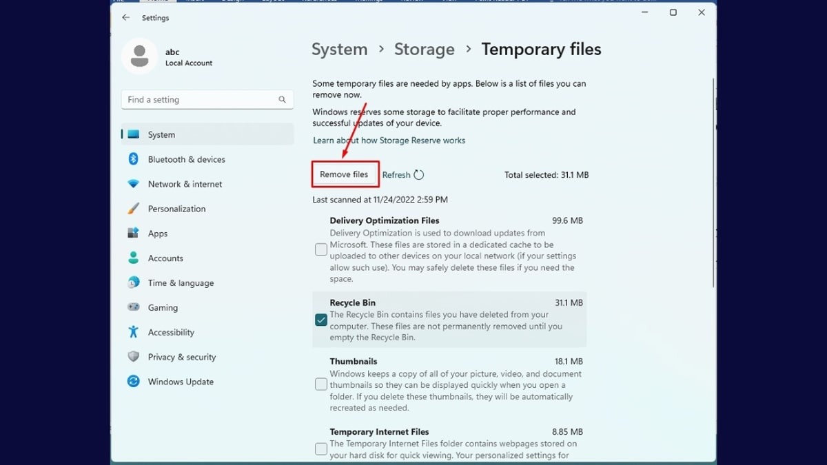 Rồi nhấn Remove files