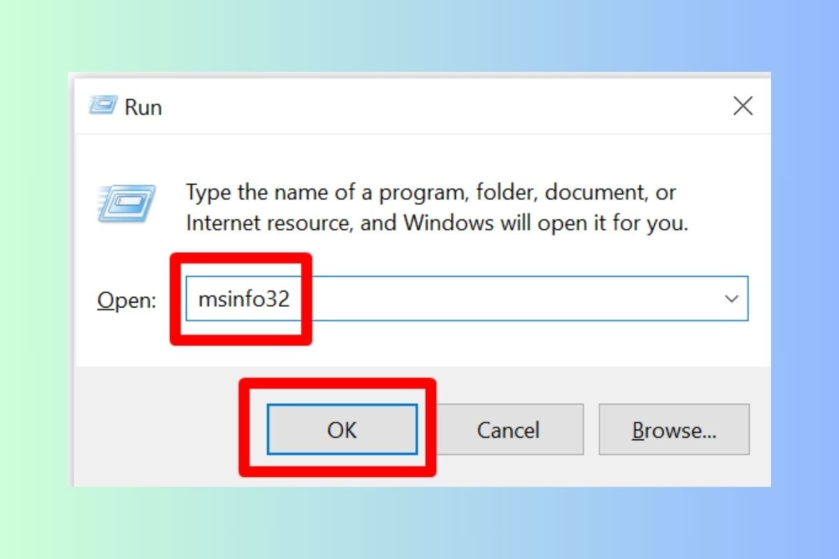 Trong hộp thoại Run, gõ msinfo32 và nhấn Enter