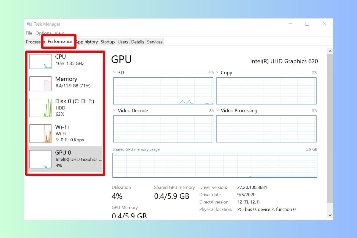 Bạn sẽ thấy các thông tin về CPU, RAM, ổ cứng và card đồ họa được hiển thị trong tab Performance