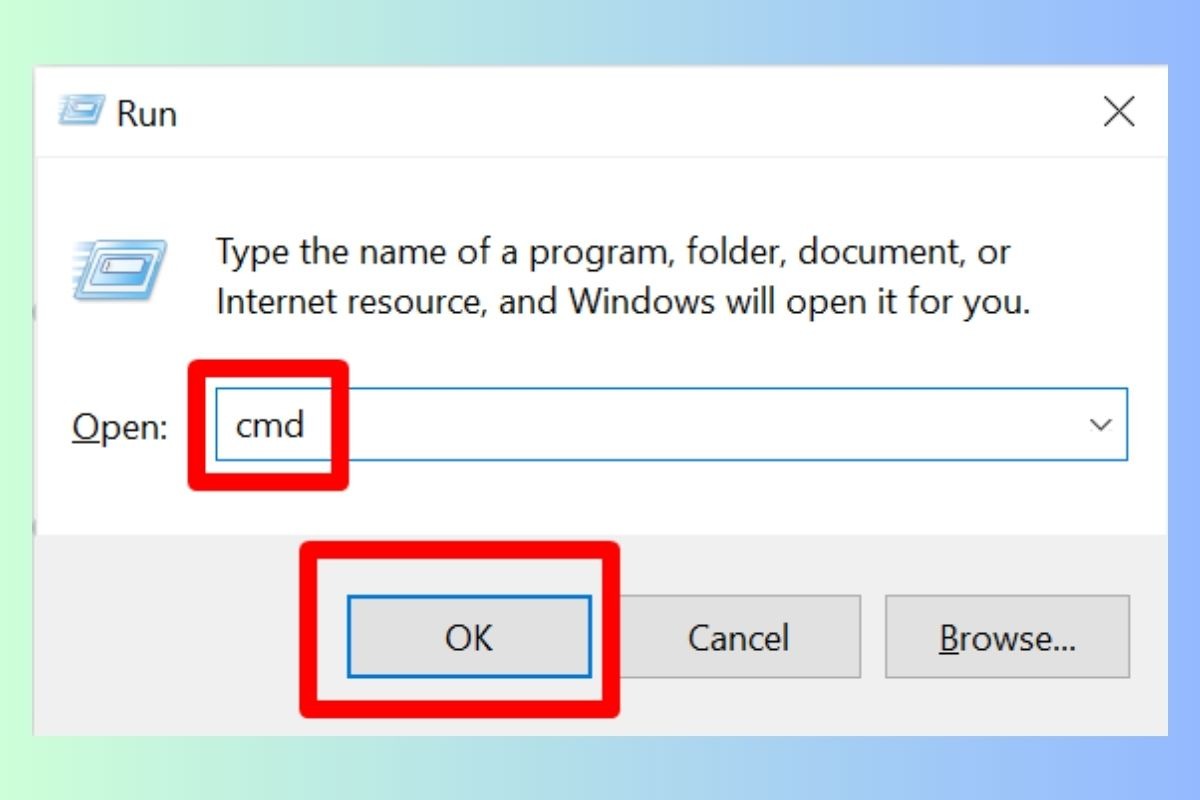 Nhấn tổ hợp phím Windows + R, gõ cmd và nhấn Enter
