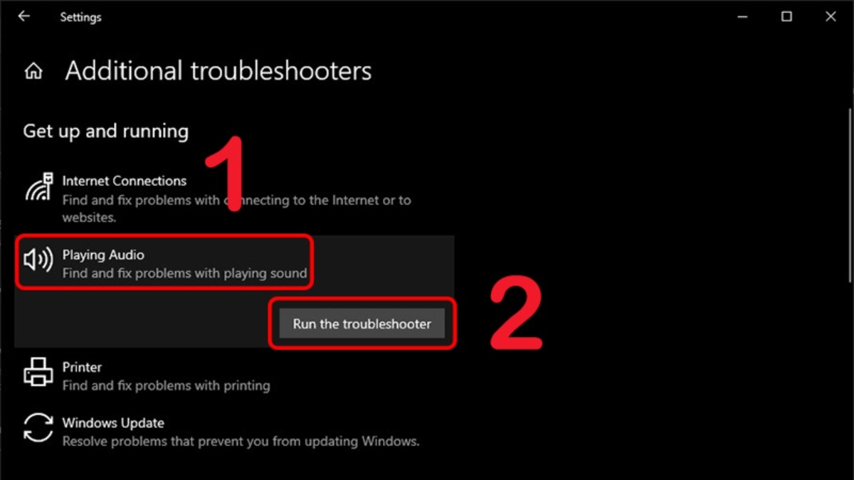 Chọn Playing Audio rồi chọn Run the troubleshooter