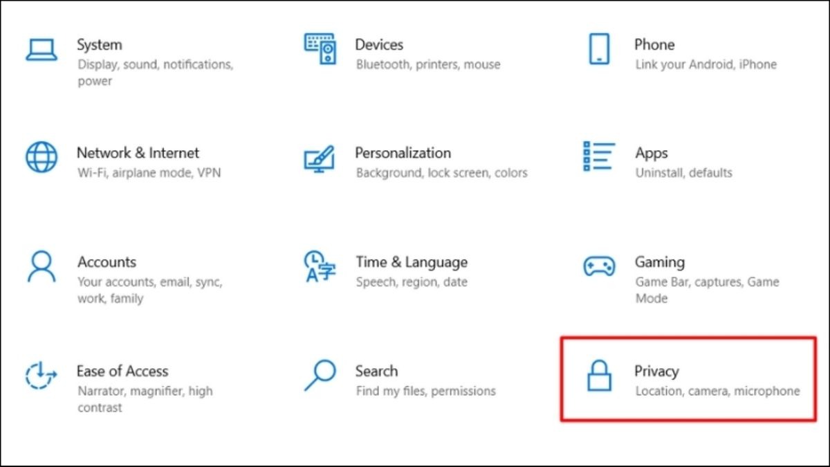 Mở Settings bằng Windows + I > Privacy