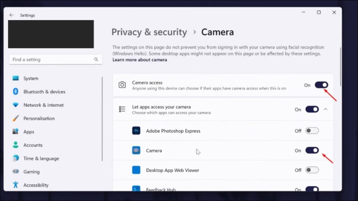 Chắc chắn mục Camera Access đã được bật (On)