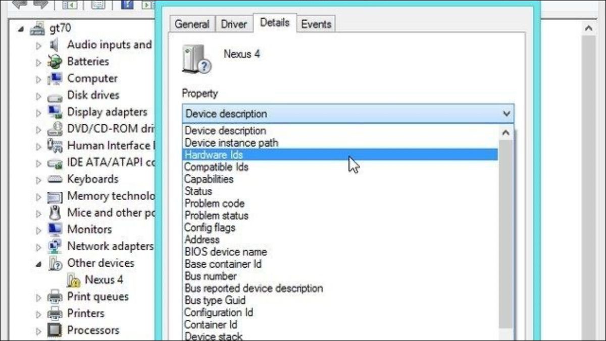 Nhấn vào mục Details và mở mục Hardware Ids