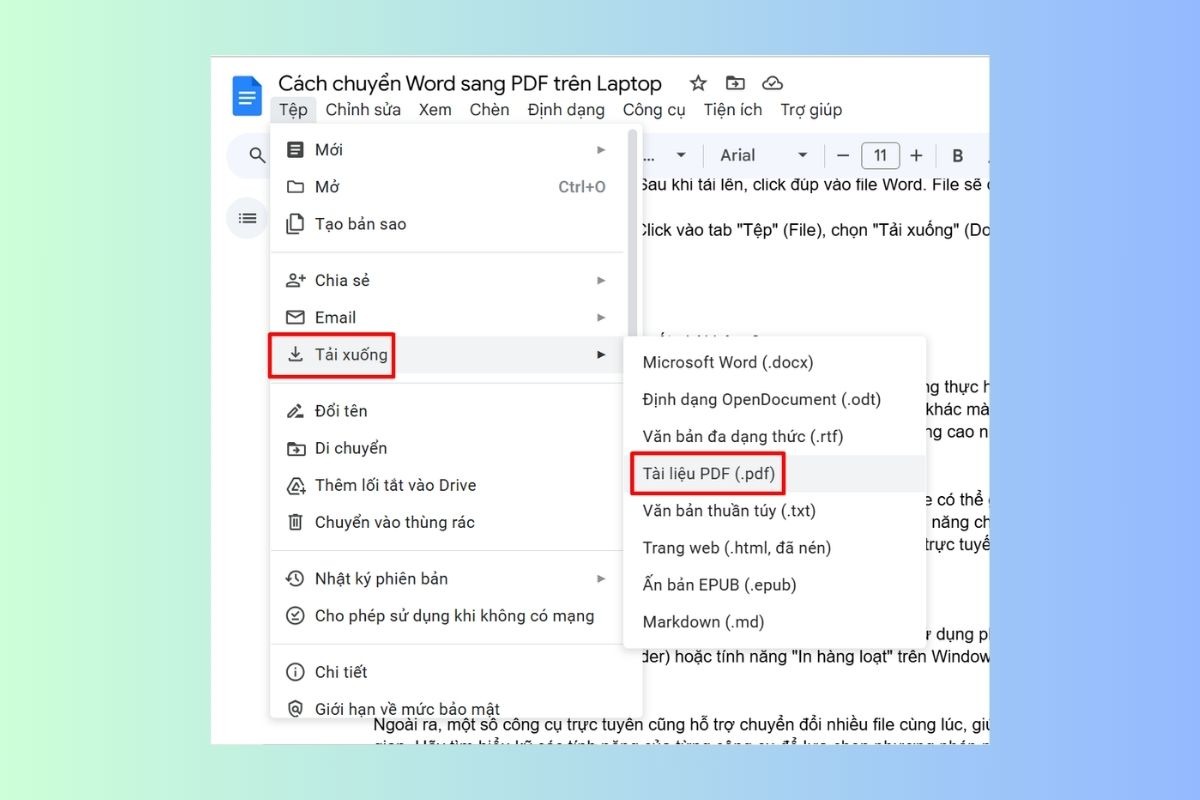 Click vào tab Tệp (File), chọn Tải xuống (Download) và chọn Tài liệu PDF (.pdf)