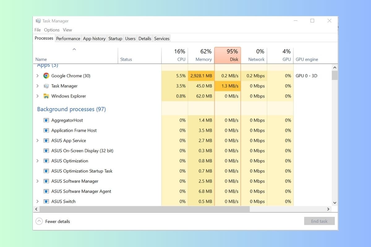 Trong Task Manager, tìm ứng dụng đang bị treo, chọn ứng dụng đó và nhấn End Task