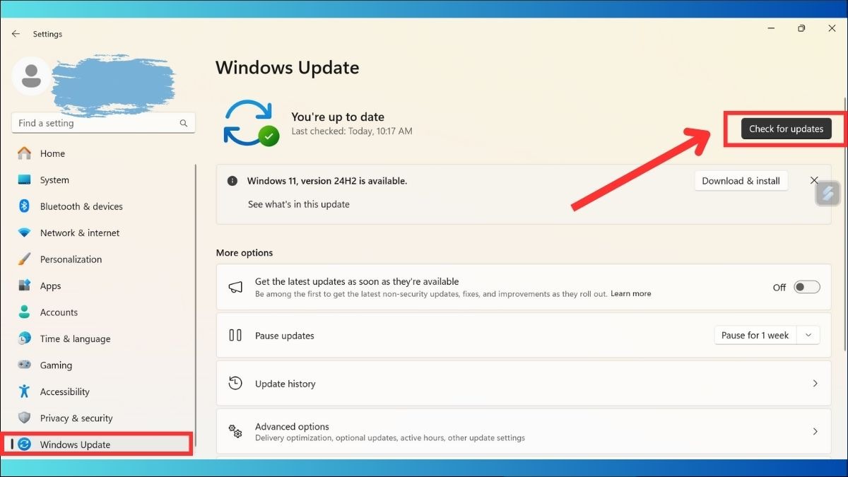 Vào Settings > Windows Update để kiểm tra hệ điều hành Win 11