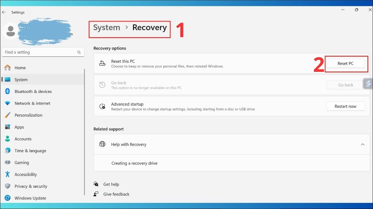 Chọn mục System > Recovery > Chọn Reset PC