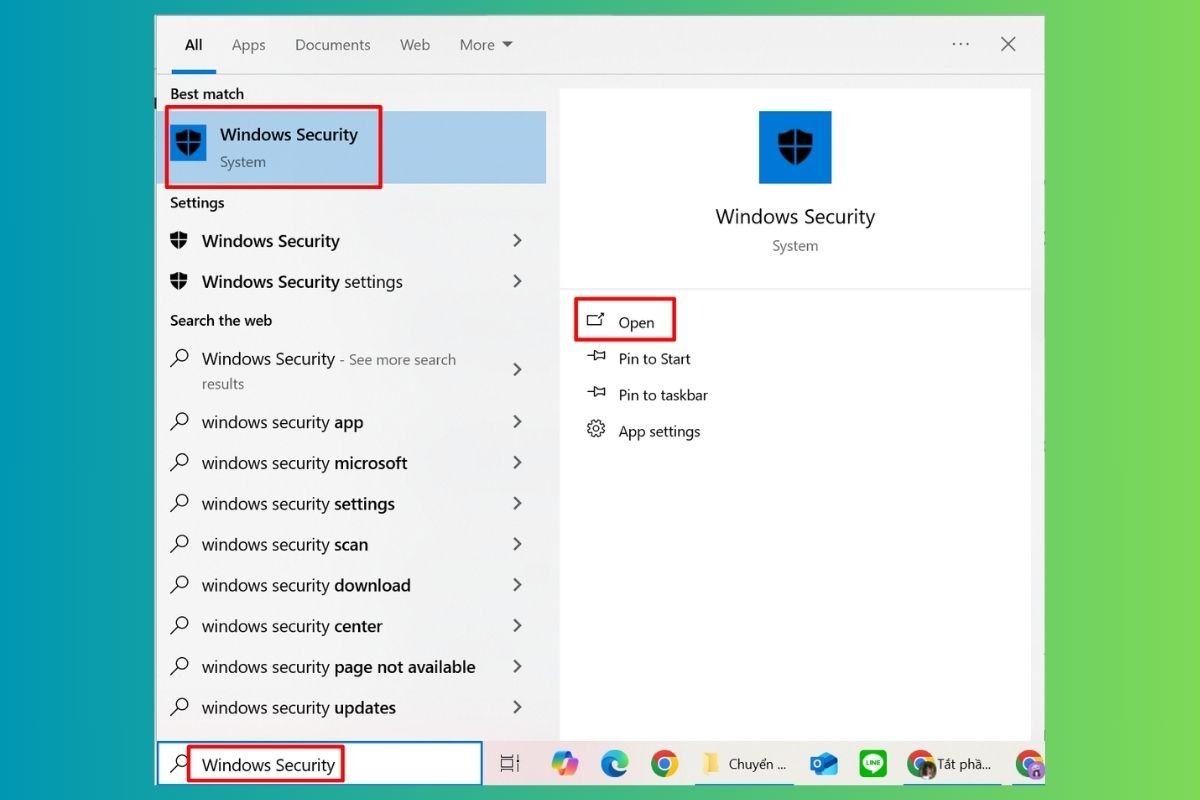 Tìm kiếm Windows Security trong thanh tìm kiếm của Windows