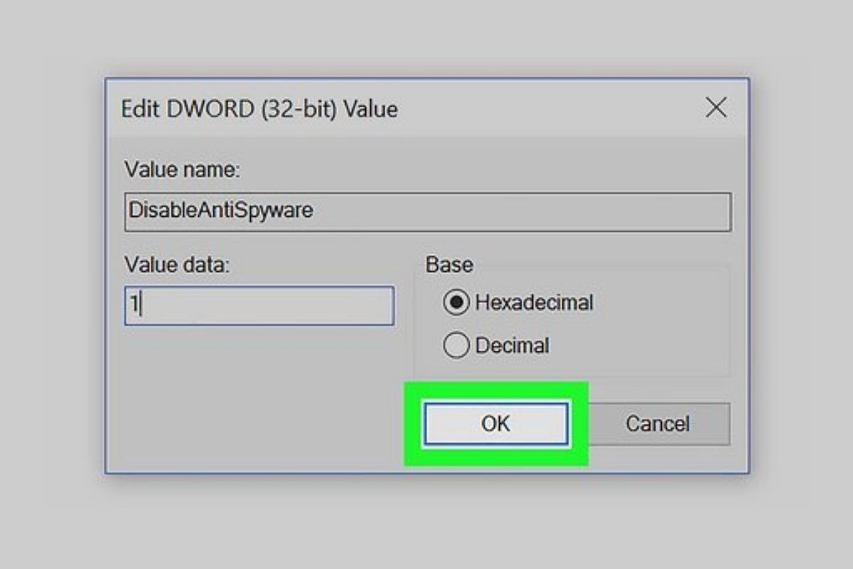Nhấp đúp vào DisableAntiSpyware, thay đổi giá trị thành 1 và nhấn OK