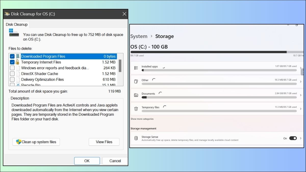 Công cụ Disk Cleanup và tính năng Storage Sense giúp giải phóng dung lượng ổ cứng