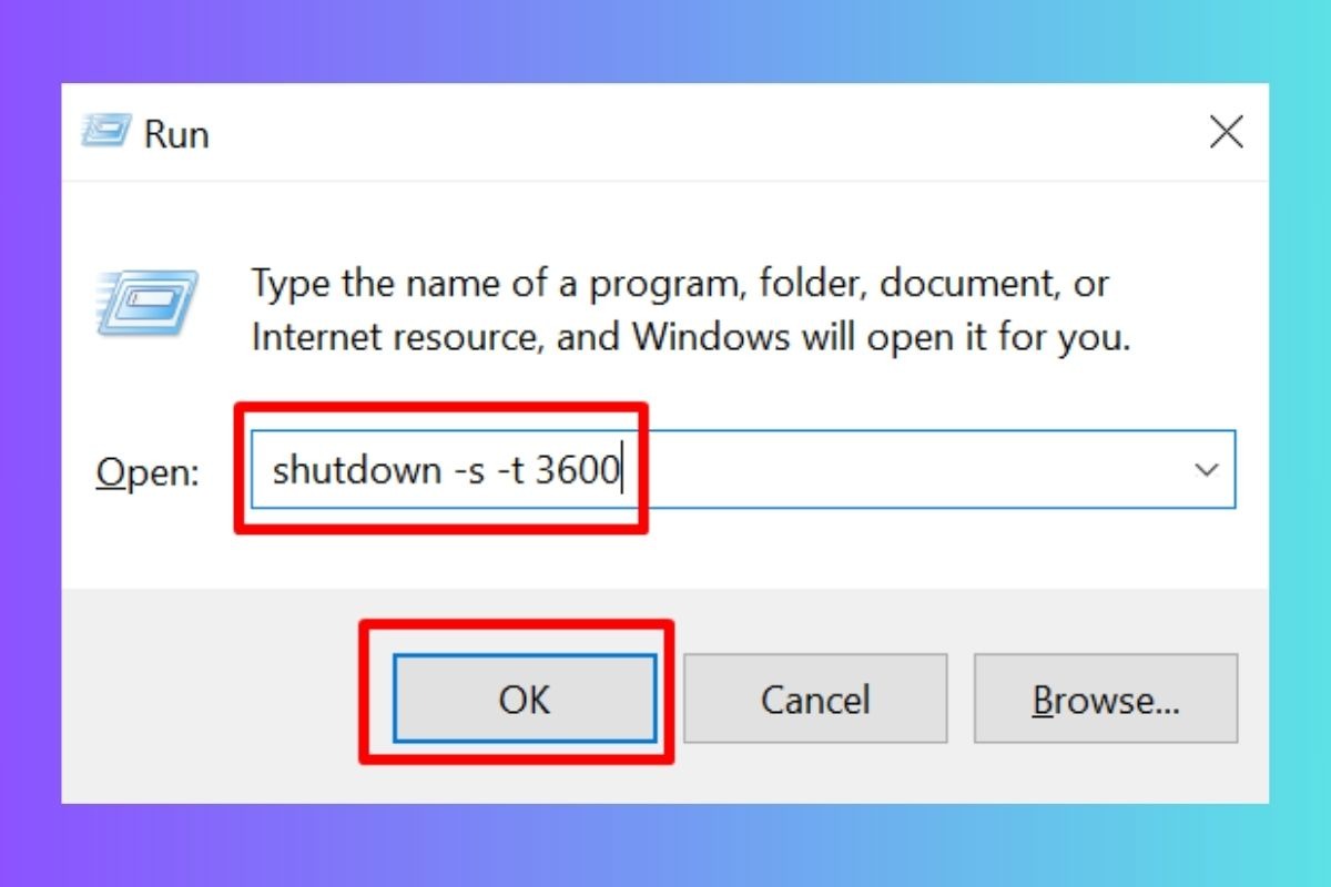 Nhập lệnh shutdown -s -t XXXX vào hộp thoại Run