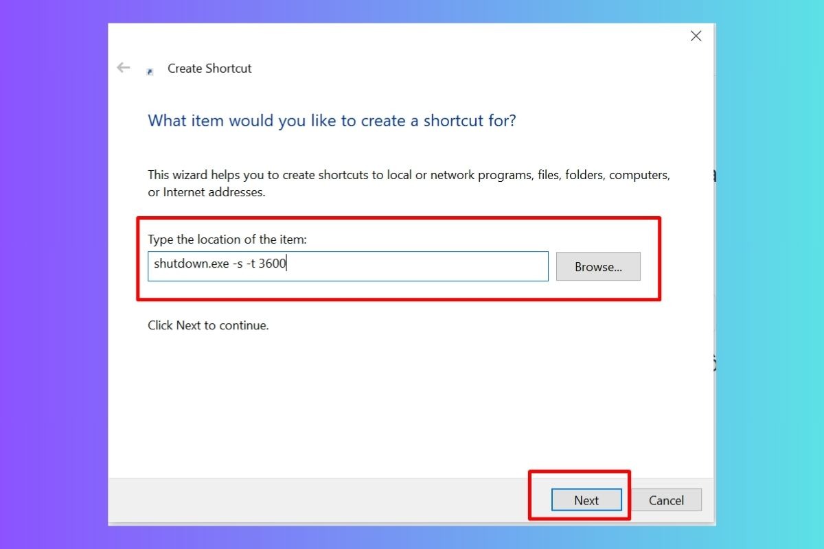 Nhập đường dẫn sau vào ô Type the location of the item: shutdown.exe -s -t XXXX