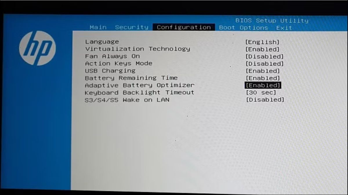 Bật Adaptive Battery Optimizer trong BIOS của laptop HP