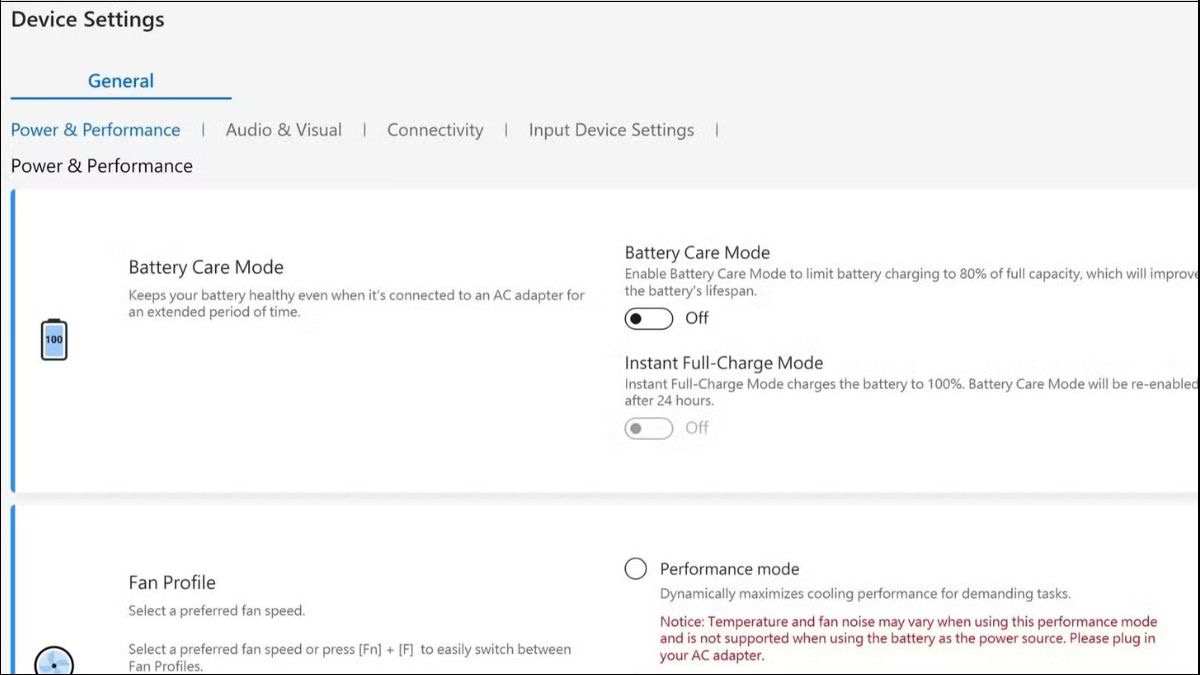 Tab Device Settings trong ứng dụng MyAsus
