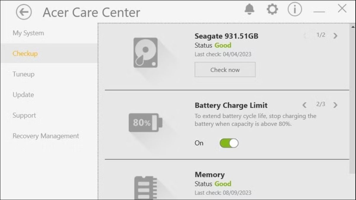 Tùy chọn Battery Charge Limit trong ứng dụng Acer Care Center