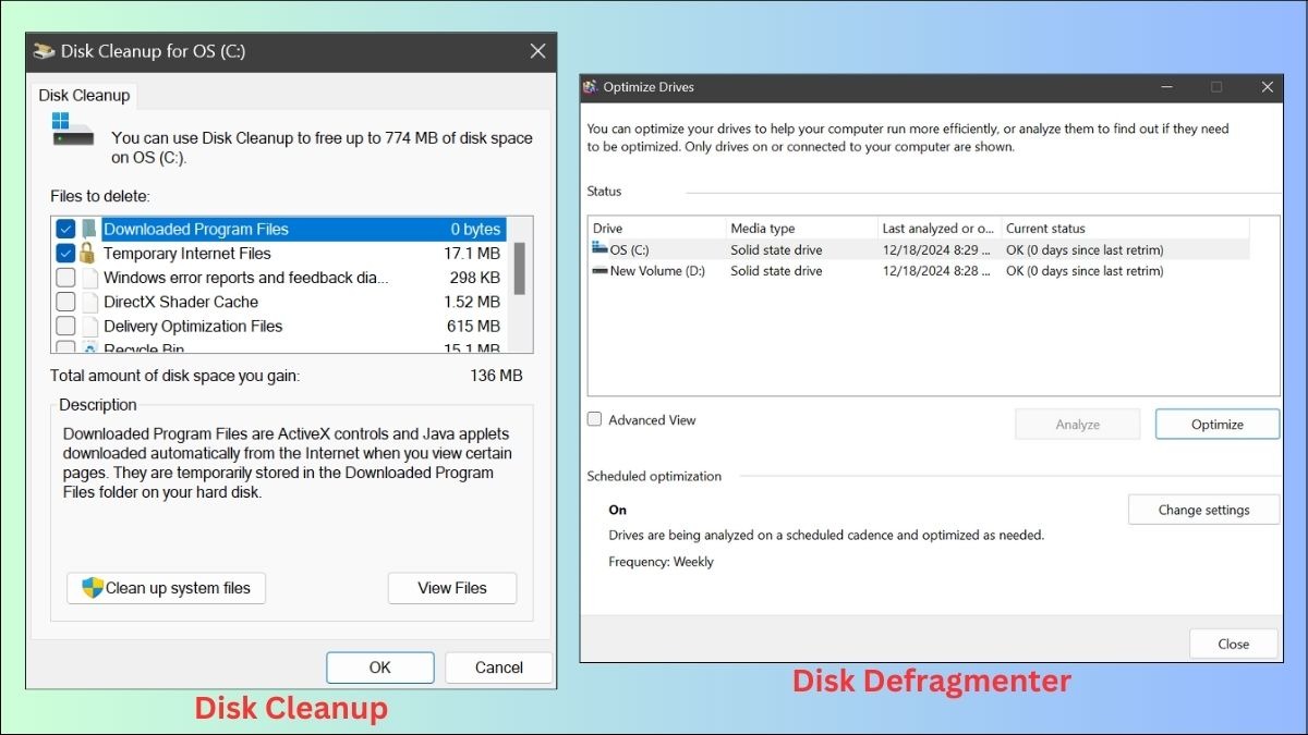 Sử dụng Disk Cleanup hoặc Disk Defragmenter để giải phóng dung lượng ổ cứng
