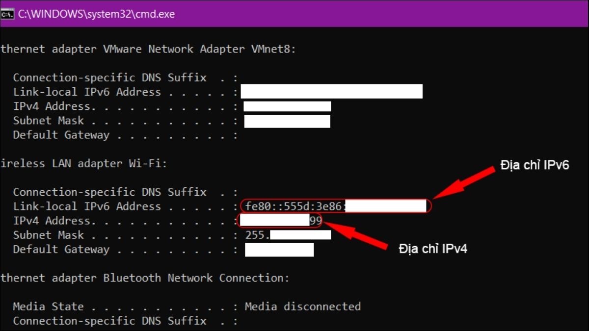 Tìm IPv4 Address hoặc Link-local IPv6 Address ở dưới tên kết nối