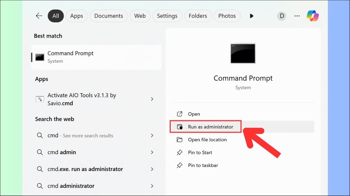 Tìm Command Prompt và chọn Run as administrator
