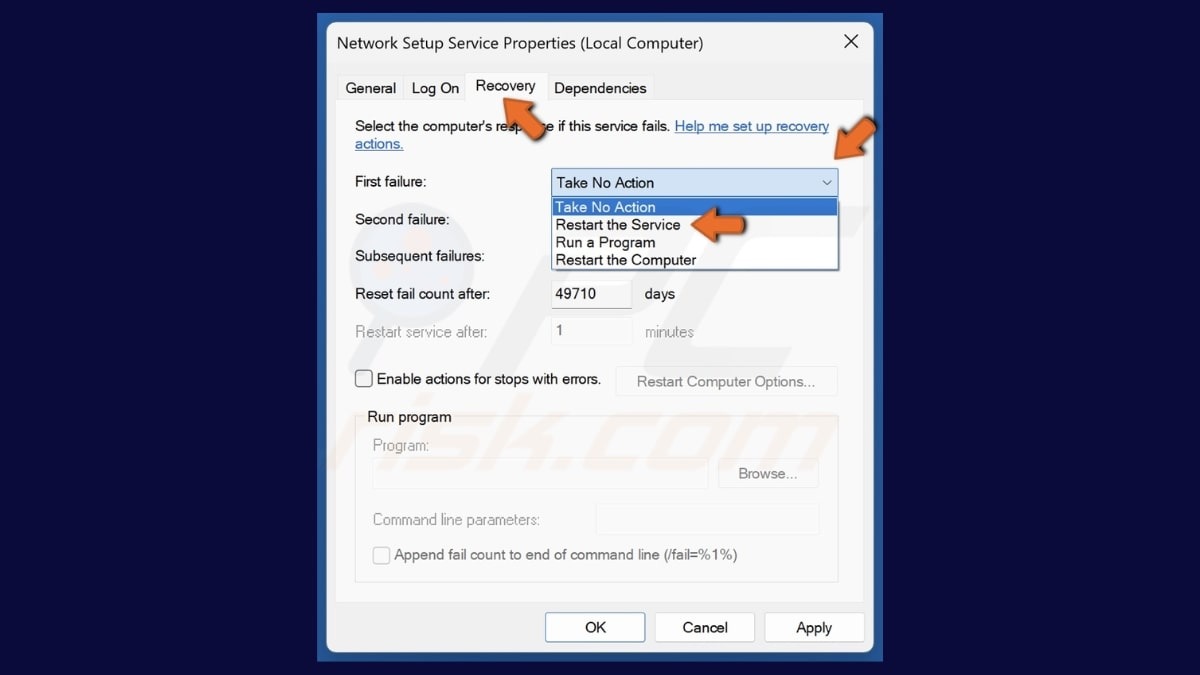 Chuyển sang tab Recovery