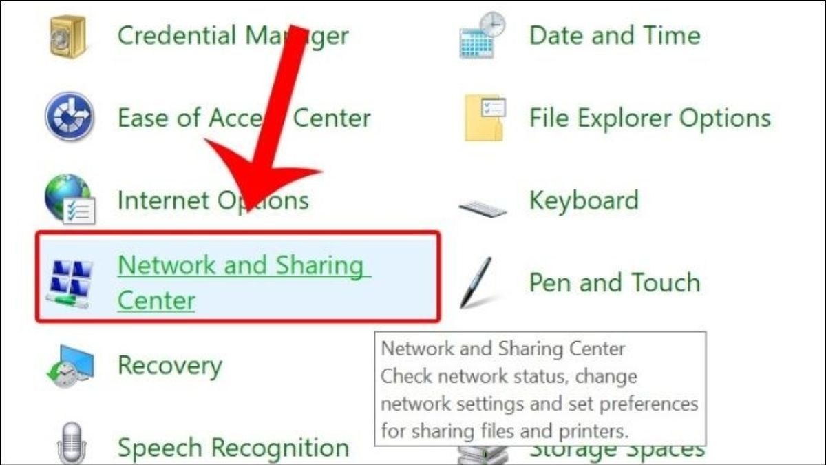 Truy cập Network and Sharing Center