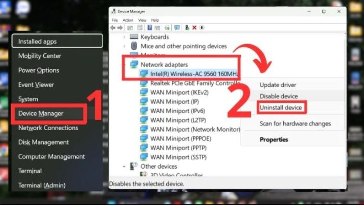 Xác định Network Adapter đang sử dụng và chọn Uninstall devide
