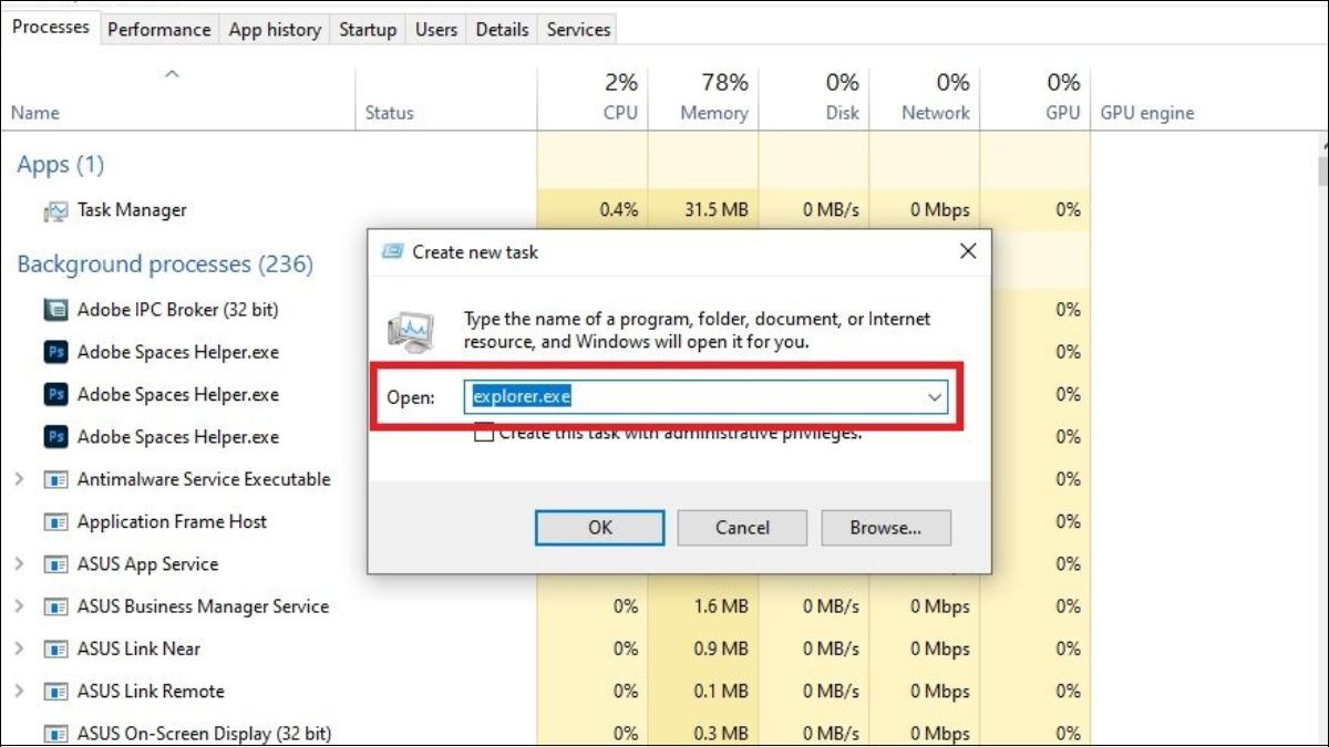 Nạp lại Windows Explorer