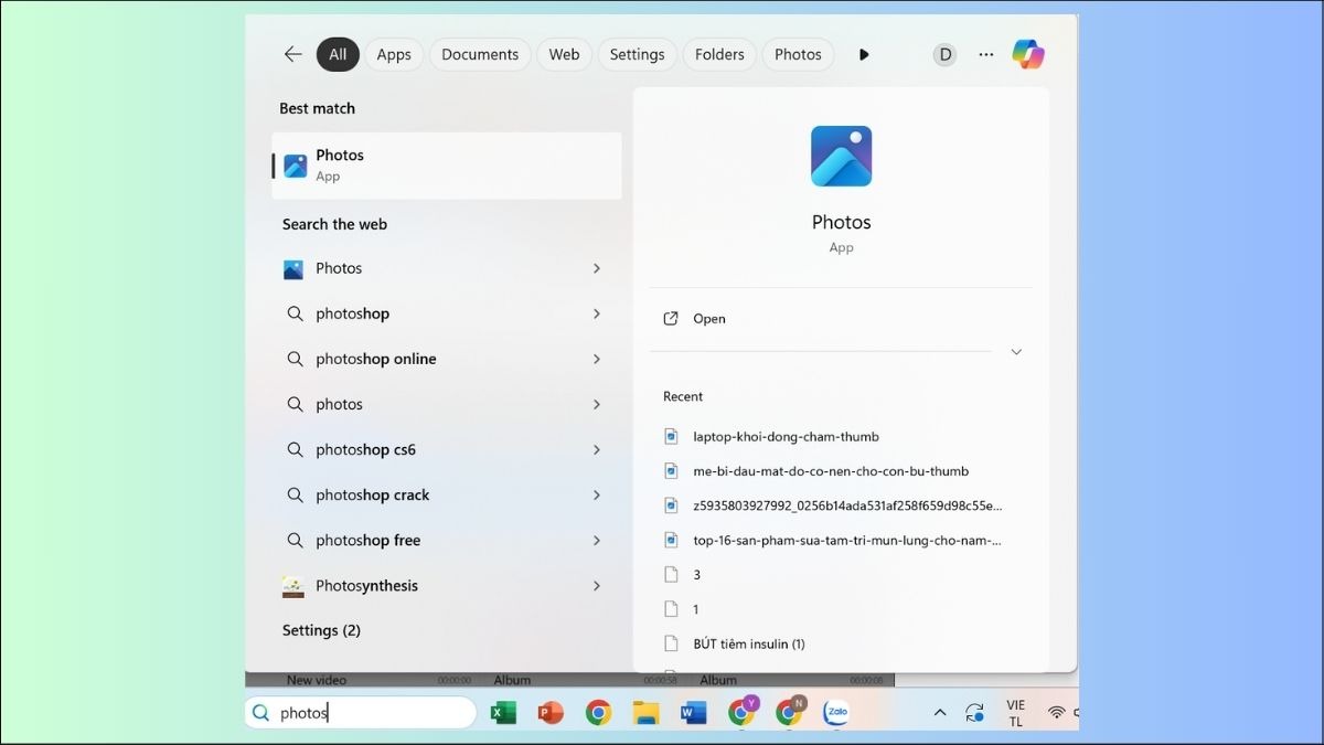Tìm kiếm trên thanh Taskbar và chọn ứng dụng Photos
