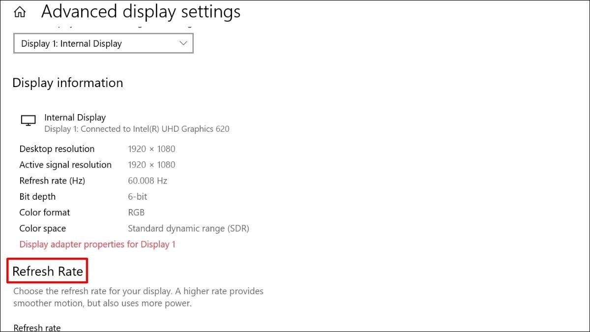 Trong phần Refresh rate, bạn sẽ thấy thông tin về tần số quét hiện tại của màn hình