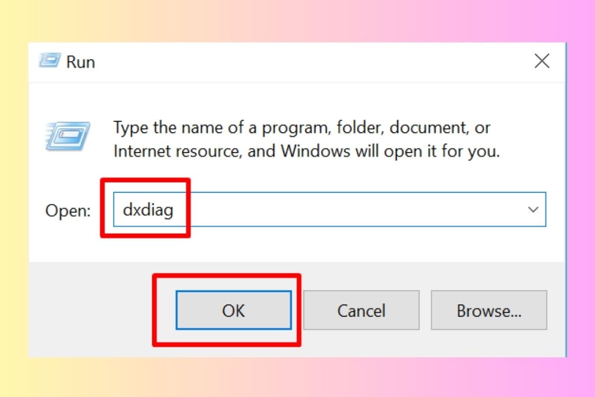 Nhập lệnh dxdiag và nhấn Enter