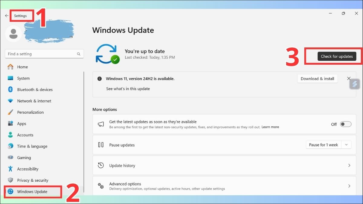 Kiểm tra cập nhật bằng cách vào Settings > Windows Update > Check for updates