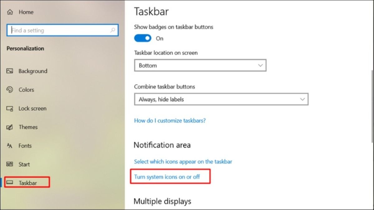 Chọn Turn system icons on or off