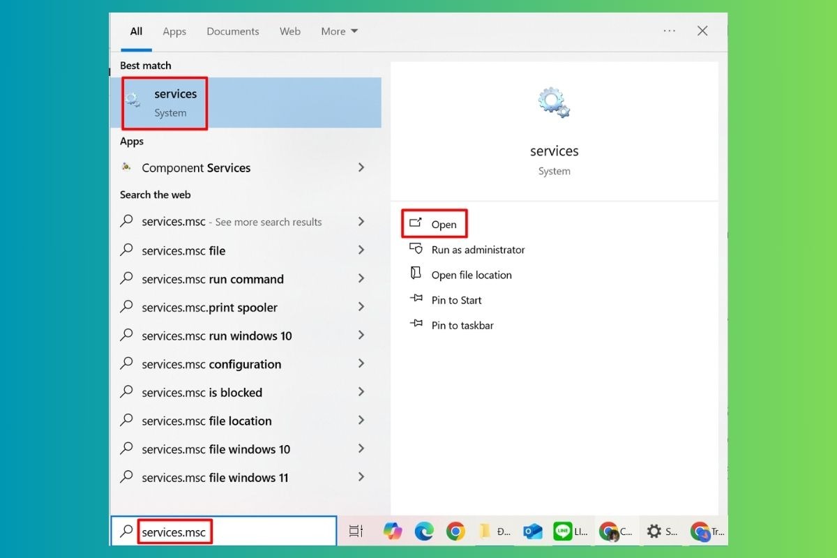 Bạn có thể truy cập Services bằng cách tìm kiếm services.msc trong thanh tìm kiếm Windows