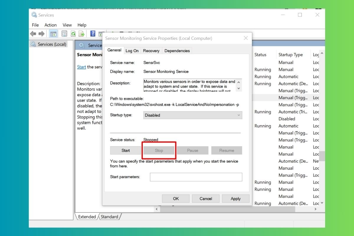 Nhấp chuột phải vào Sensor Monitoring Service và chọn Stop