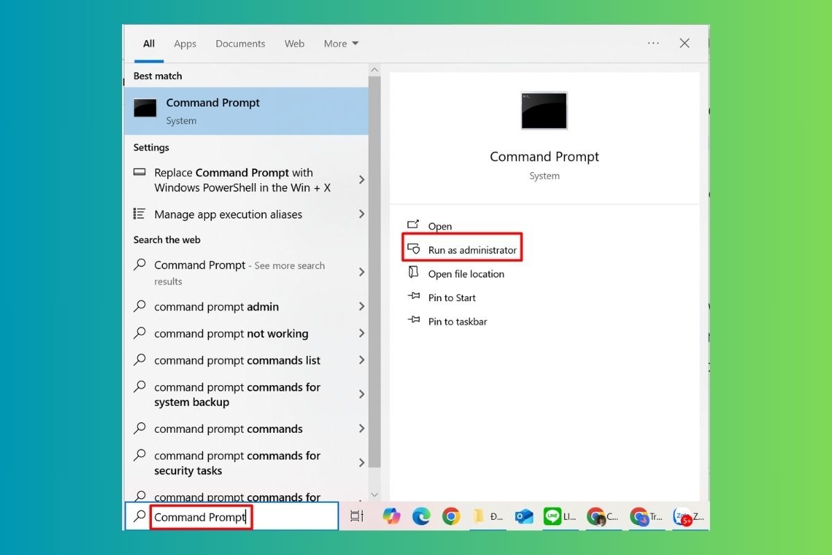 Tìm kiếm Command Prompt trong thanh tìm kiếm Windows