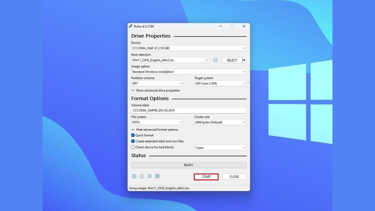 Nhấn nút Start để bắt đầu quá trình tạo USB cài đặt