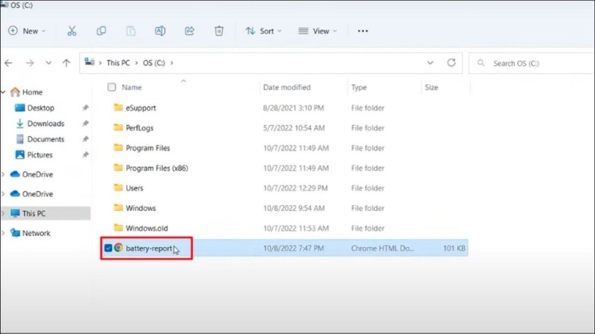 Mở file battery report