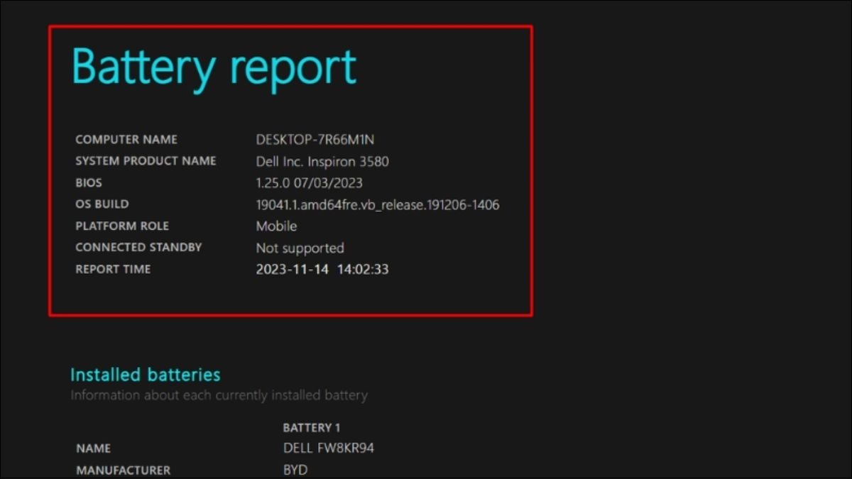 Phần đầu của Battery report
