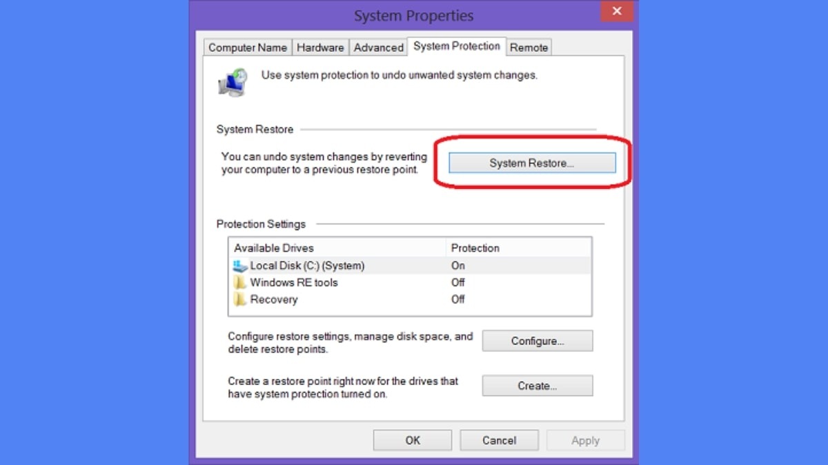 Trong cửa sổ thuộc tính hệ thống, nhấp vào System Restore